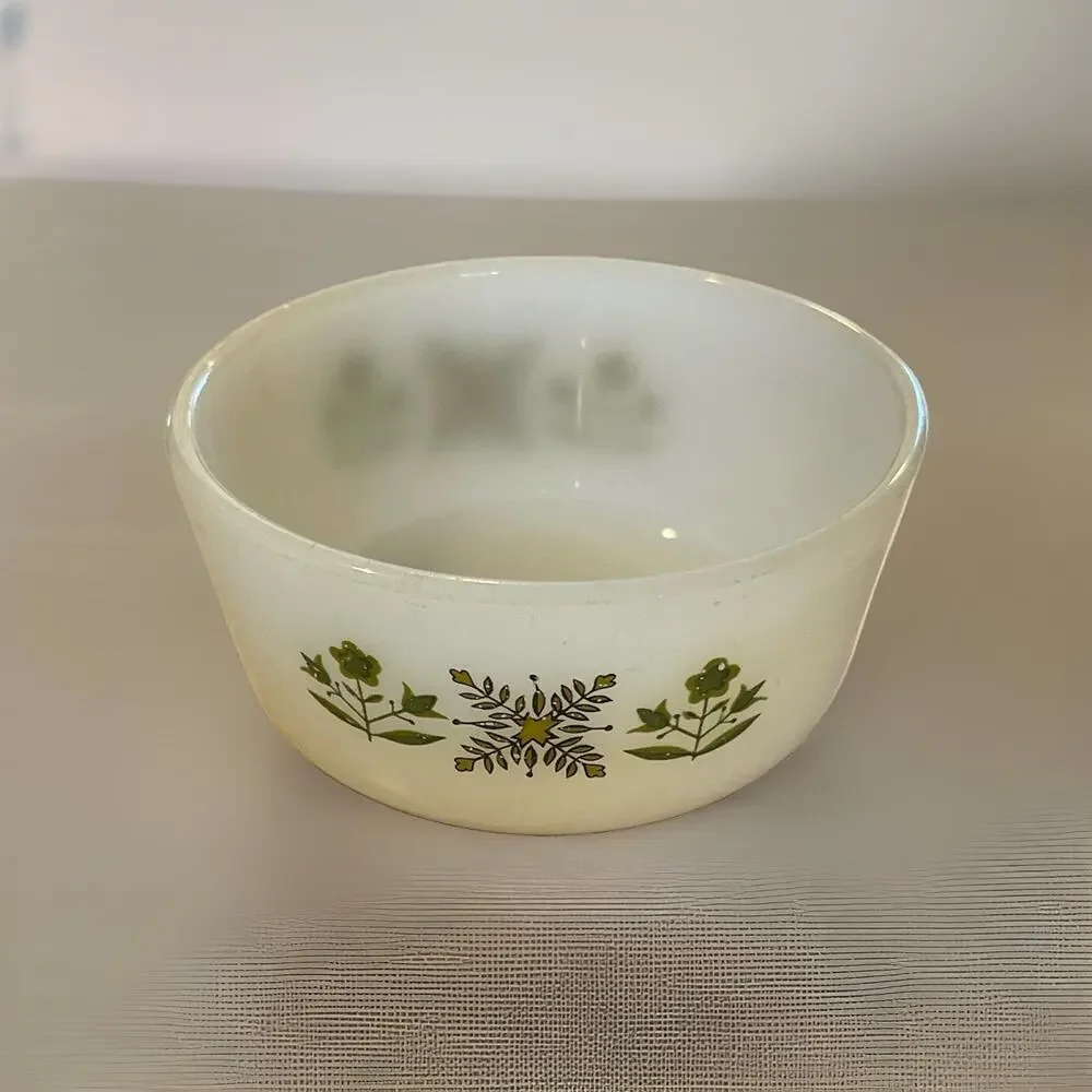 Vintage White Glass Bowls Set of 6 - 1 Green Floral + 5 Plain - Pyrex